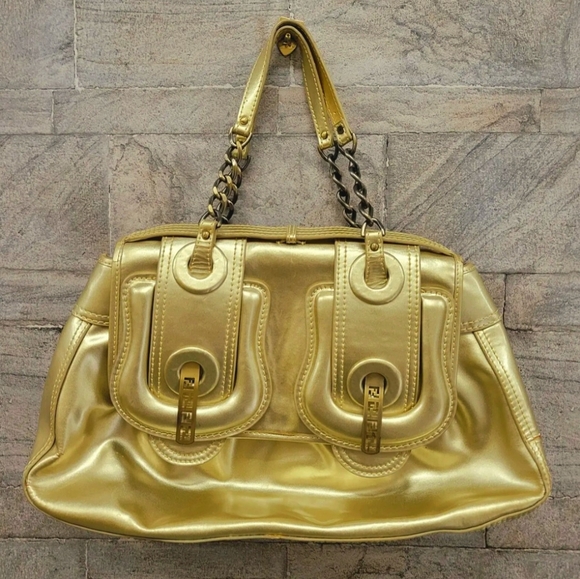 Handbags - FENDI Gold Mirrored Leather B Shoulder Bag